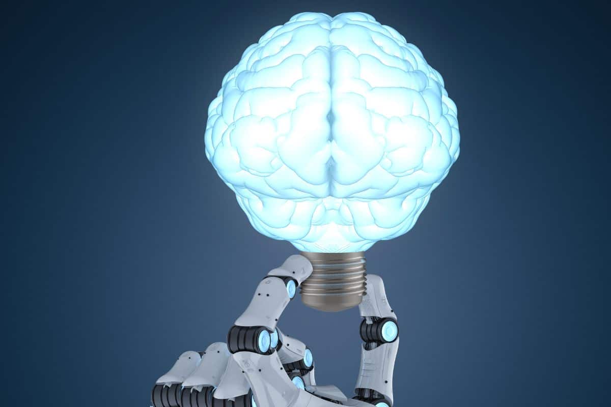 3d rendering robot hand holding shining lightbulb in brain shape