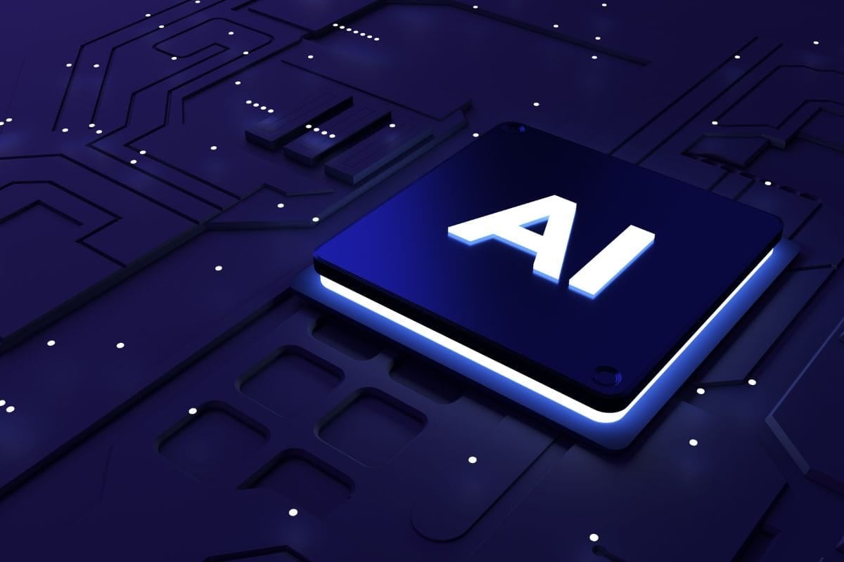 A blue and white ai chip with a circuit board on the left