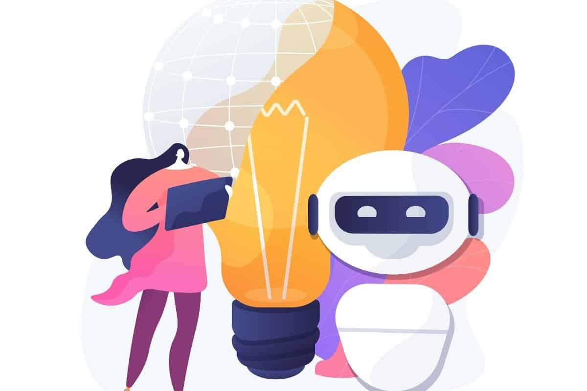 Ilustración de un robot y una mujer colaborando en un invento