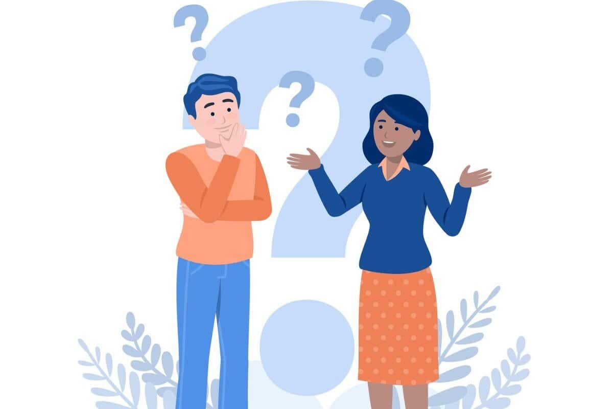 Ilustração de um homem e uma mulher com um ponto de interrogação ao fundo.