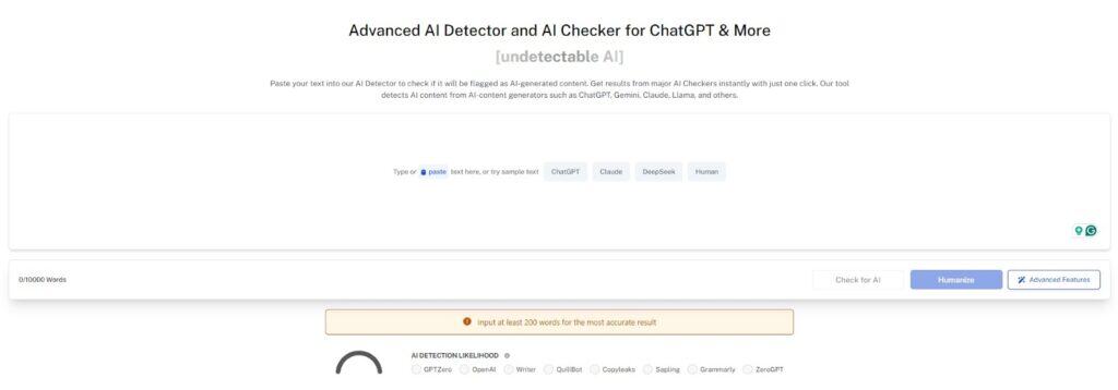 Interface of an advanced AI detector and AI checker tool designed for ChatGPT content