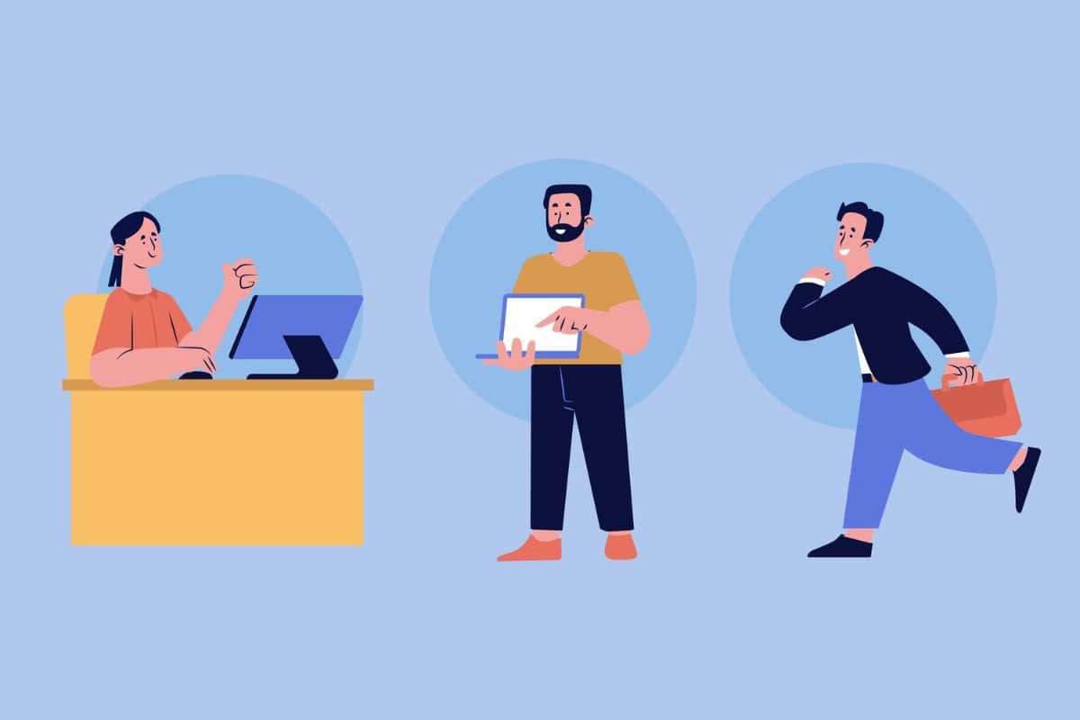 Illustration of one recruiter presenting confidently, while another person is shown running with a work bag, symbolizing urgency and career pursuit
