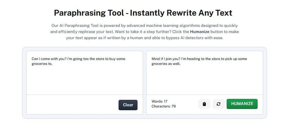 Screenshot of a paraphrasing tool dashboard displaying input and output text boxes
