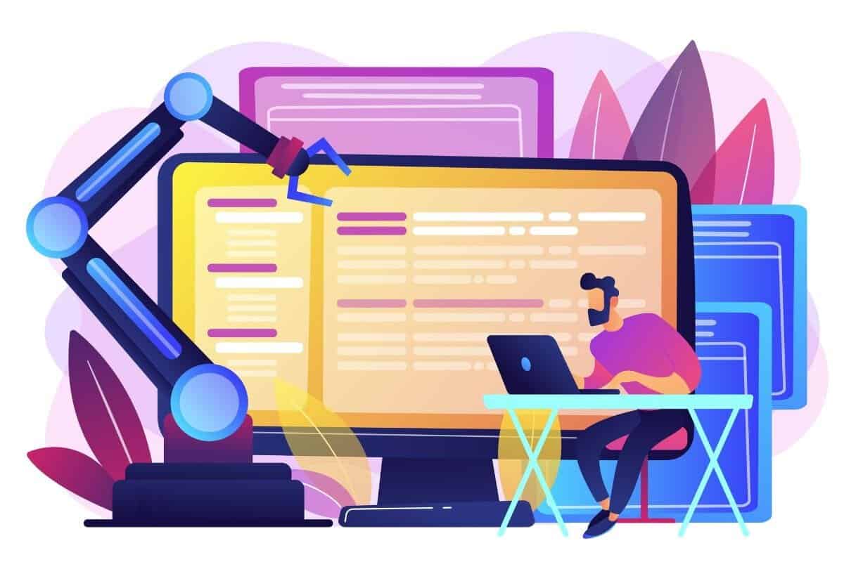 Illustration of a man using a laptop being assisted by AI-generated content