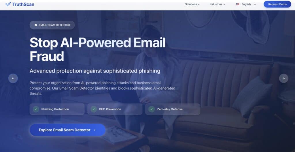 Screenshot of TruthScan Email Scam Detector displaying results for email scam analysis