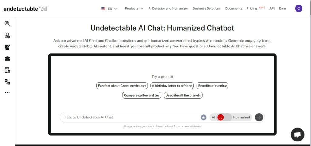 +100 Commonly Confused Words and Meanings 6 Screenshot of the Undetectable AI Chat main dashboard interface