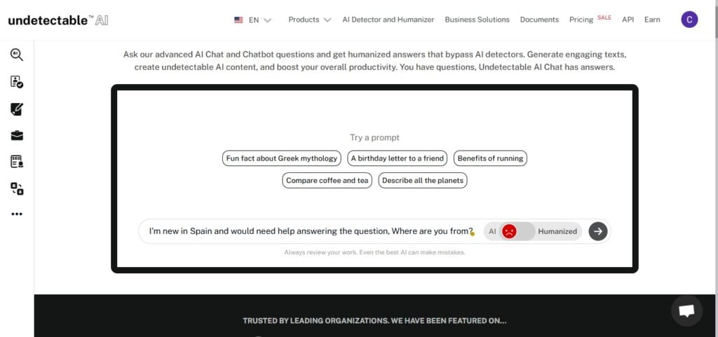 Screenshot of the Undetectable AI Chat main dashboard interface