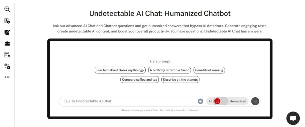 Screenshot of the Undetectable AI Chat main dashboard interface