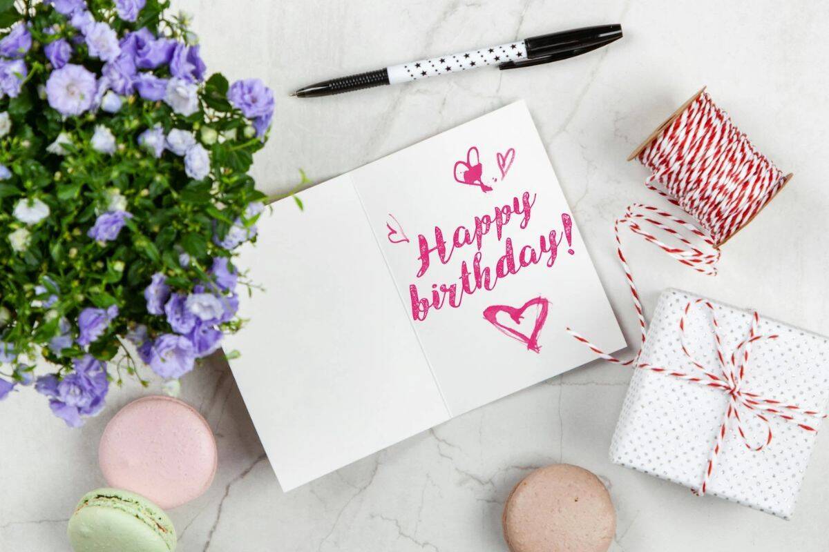 Image show happy birthday card with flowers and gift