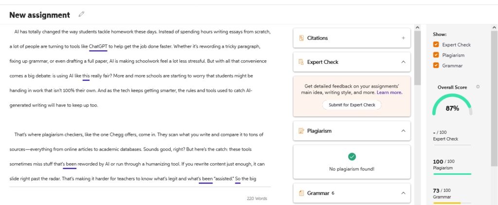 Chegg Plagiarism Checker Review: Features & Accuracy 5 Screenshot of Chegg's plagiarism checker showing an overall score of 87% for a submitted assignment