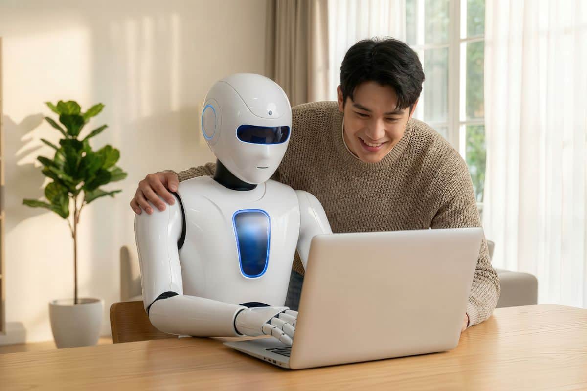 Young man smiling while working with humanoid robot on laptop at home