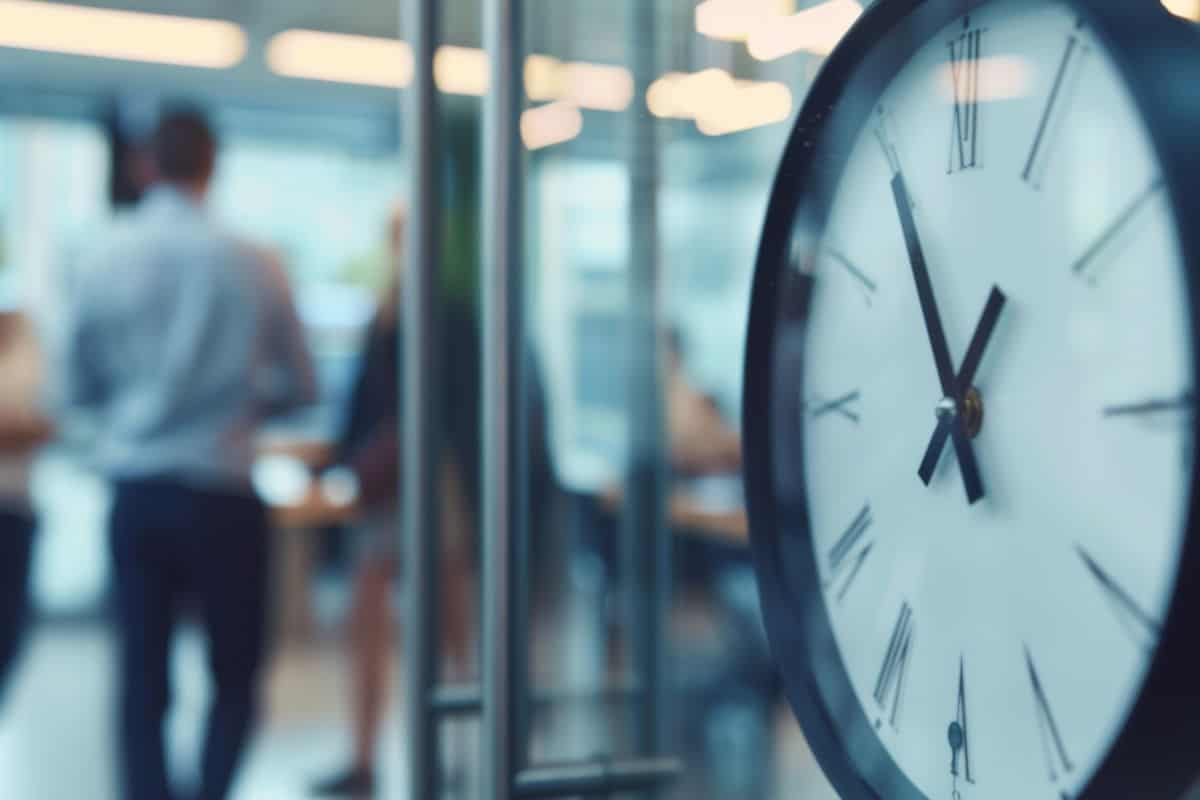 A clock displays the time with motionblurred individuals bustling in the office