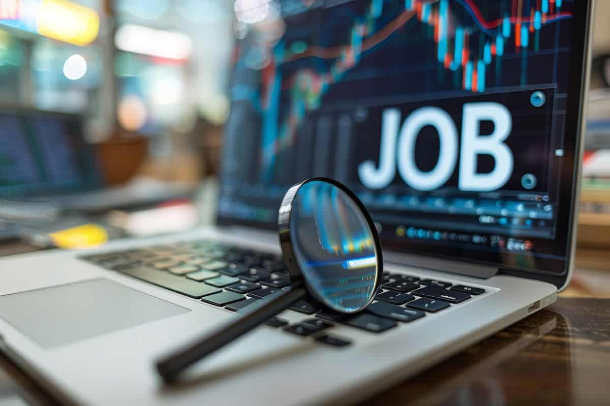 A laptop with the word job on the screen