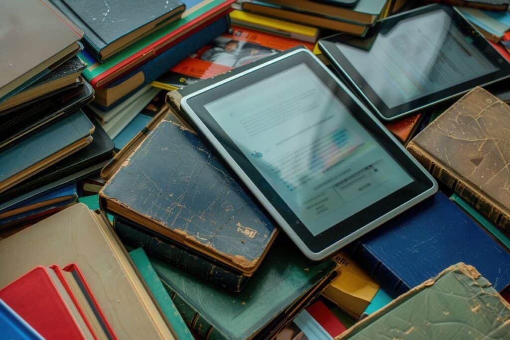 A closeup image of tablets and ereaders displaying educational materials
