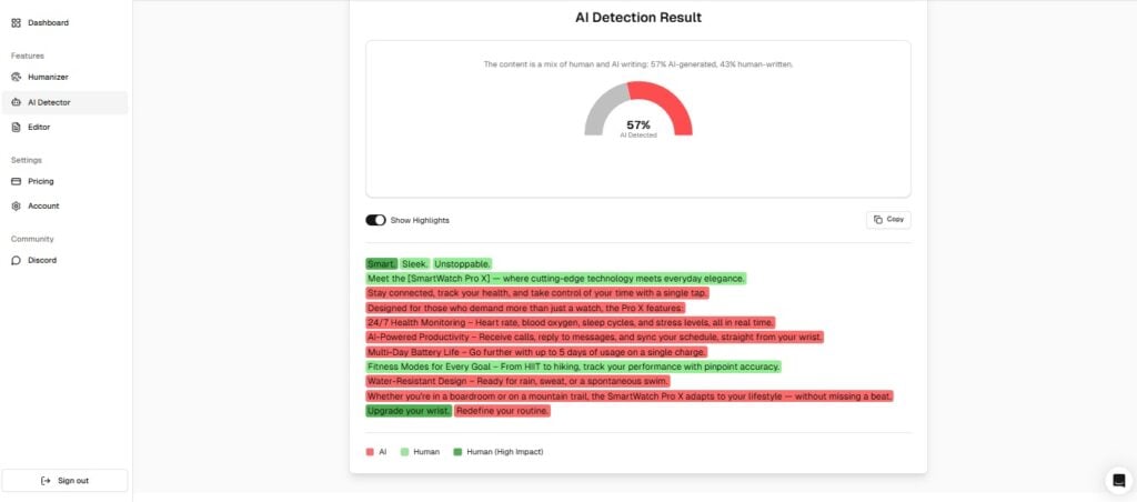 StealthWriter AI Bewertung: Pro, Kontra und Fazit 4 Screenshot of Stealthwriter AI showing AI detection results