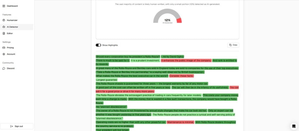 StealthWriter AI Bewertung: Pro, Kontra und Fazit 5 Screenshot of Stealthwriter AI showing AI detection results