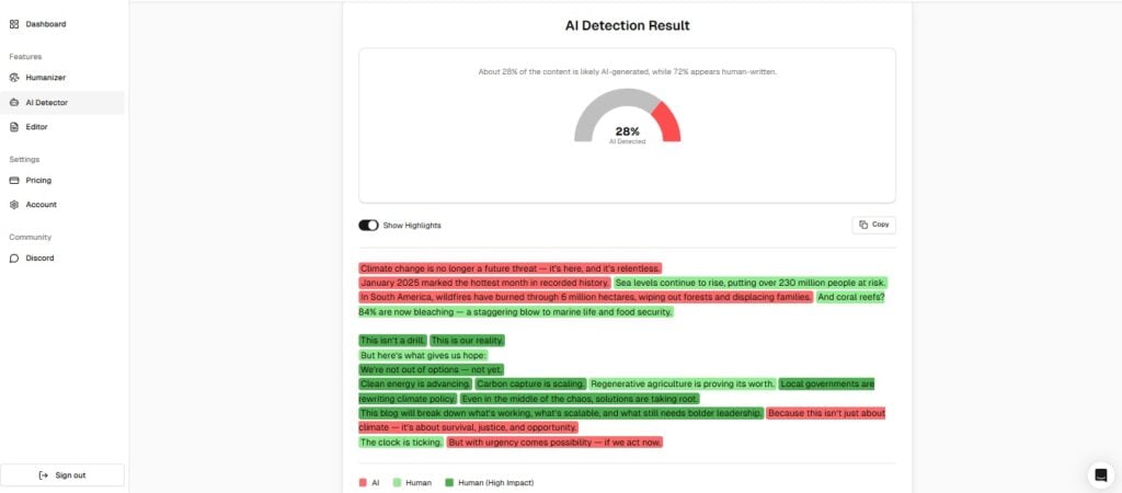 StealthWriter AI Bewertung: Pro, Kontra und Fazit 6 Screenshot of Stealthwriter AI showing AI detection results