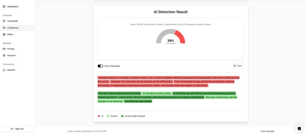StealthWriter AI Bewertung: Pro, Kontra und Fazit 7 Screenshot of Stealthwriter AI showing AI detection results