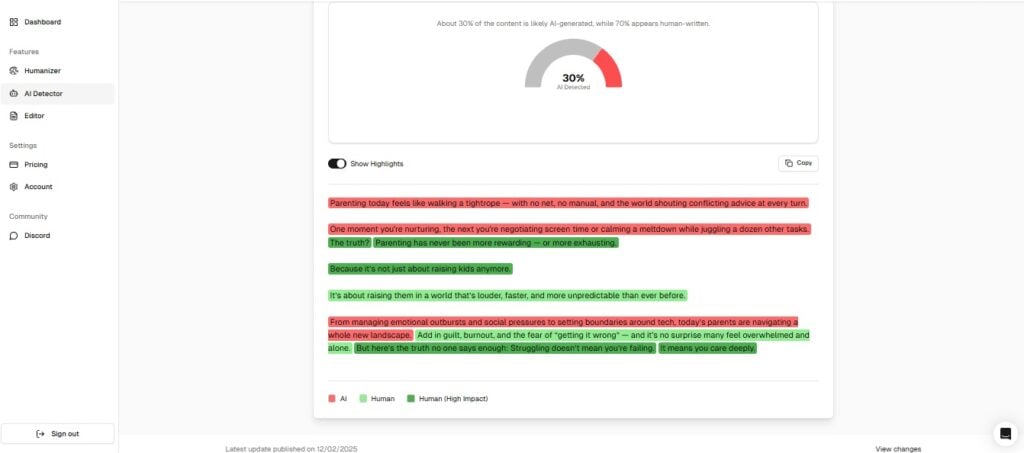StealthWriter AI Bewertung: Pro, Kontra und Fazit 8 Screenshot of Stealthwriter AI showing AI detection results