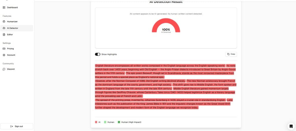 StealthWriter AI Bewertung: Pro, Kontra und Fazit 9 Screenshot of Stealthwriter AI showing AI detection results