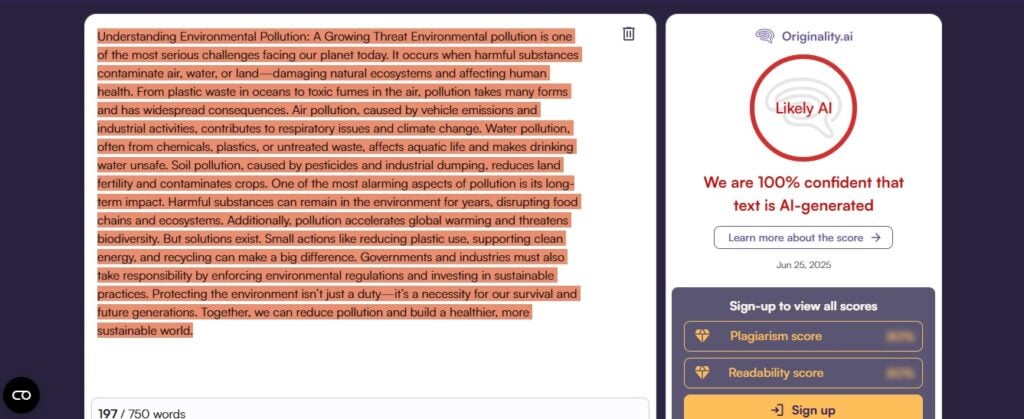 Comment savoir si l'IA a écrit une dissertation : 5 méthodes efficaces 6 Screenshot of Originality.ai Advanced Scan showing AI detection results for submitted text