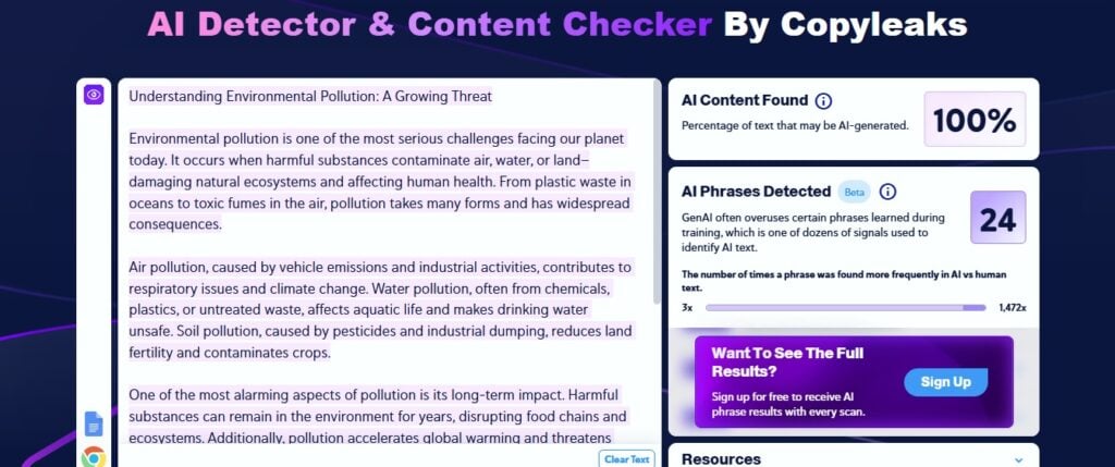 Comment savoir si l'IA a écrit une dissertation : 5 méthodes efficaces 7 Screenshot of Copyleaks Advanced Scan showing AI detection results for submitted text