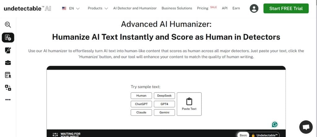 Screenshot of Undetectable AI interface showing the Advanced AI Humanizer tool in action
