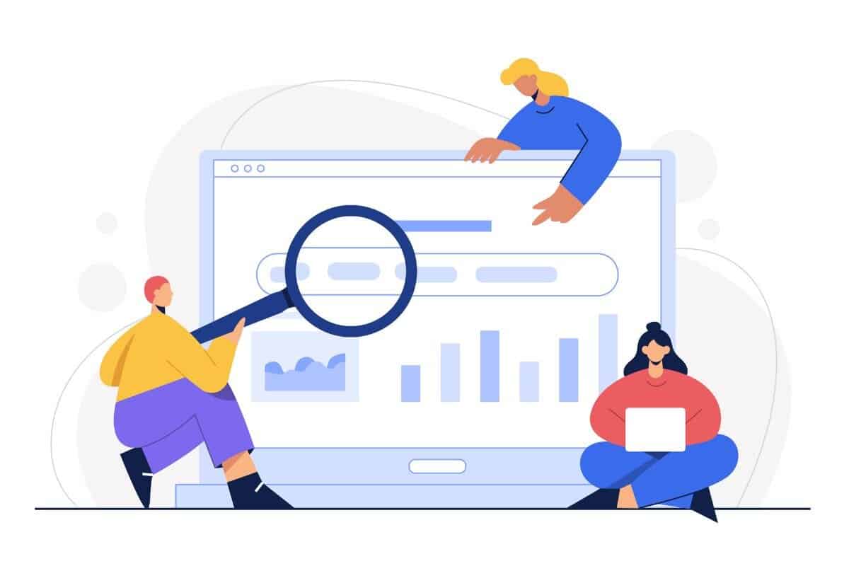 Image illustrée de trois personnages utilisant une loupe et un ordinateur portable pour effectuer une recherche de mots-clés.