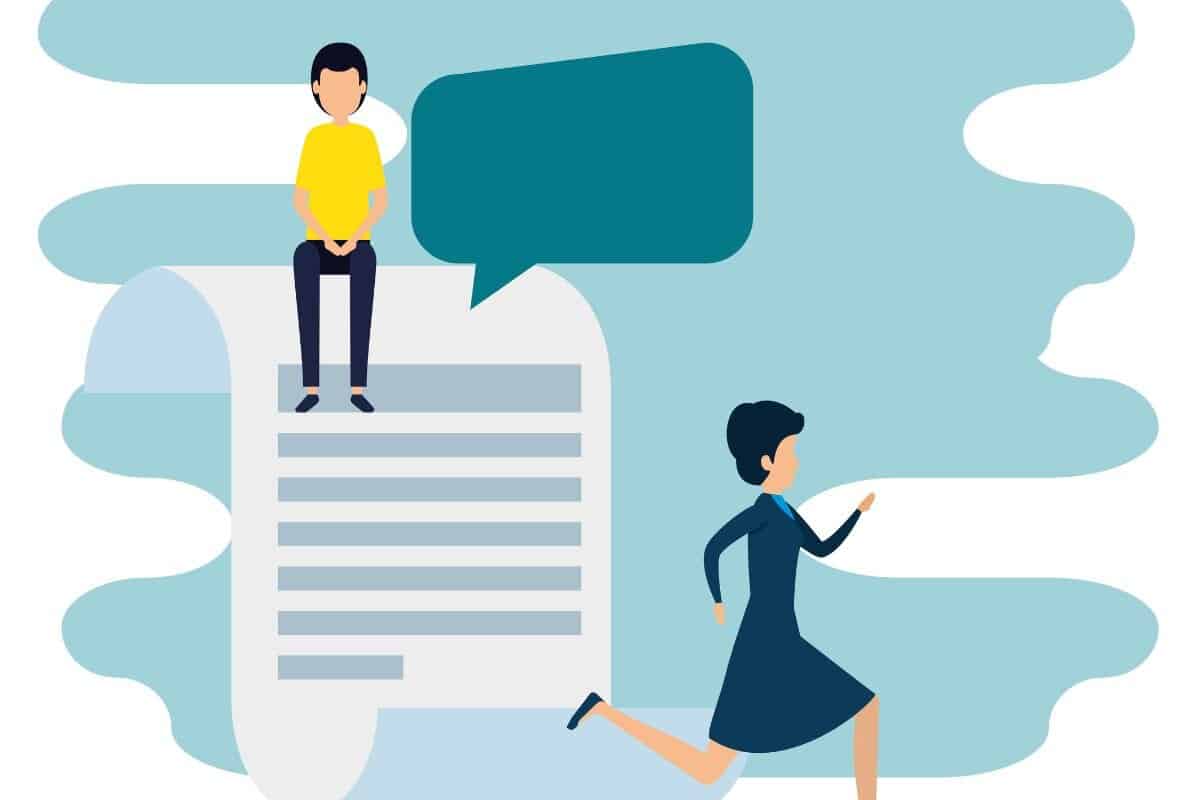 Woman and man with chat bubble and document