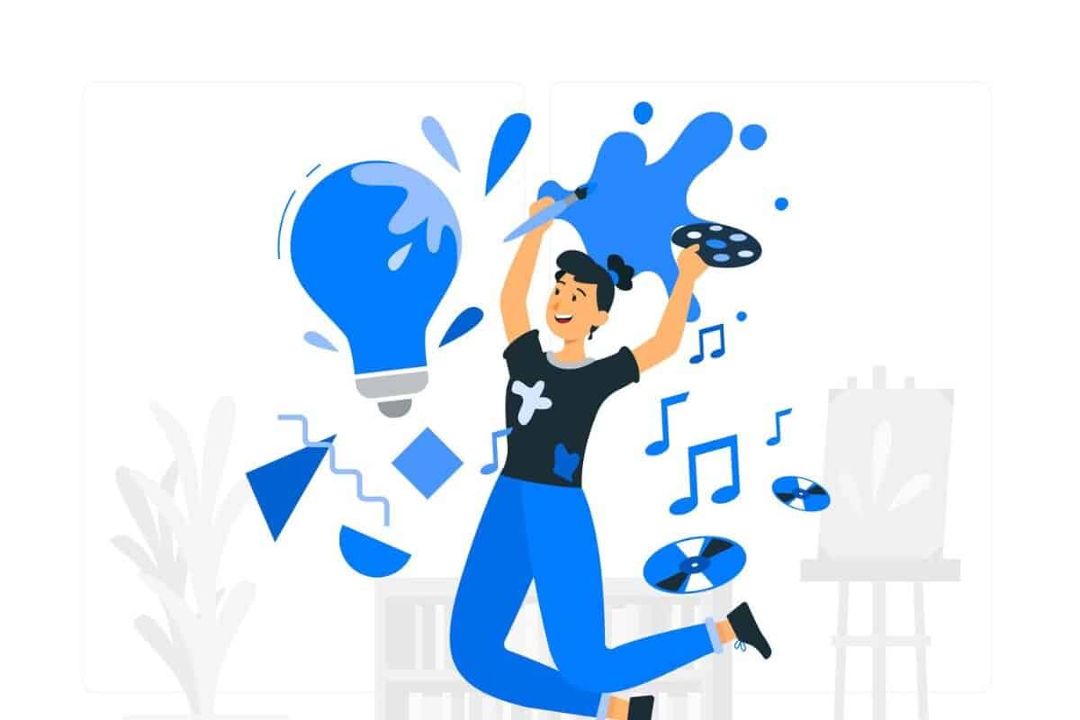 Image illustrée d'une personne en train de réfléchir à des idées de contenu créatif, entourée d'ampoules et de bulles de pensée.