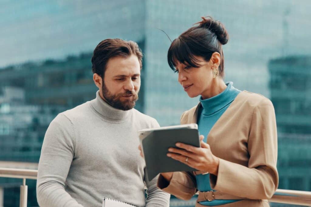 Meeting balcony and business people on tablet