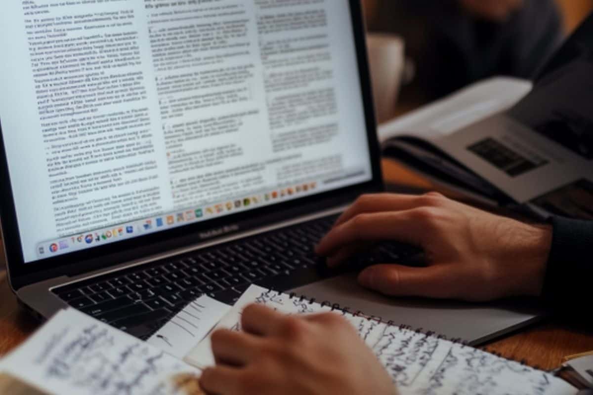A person typing on a laptop with the word