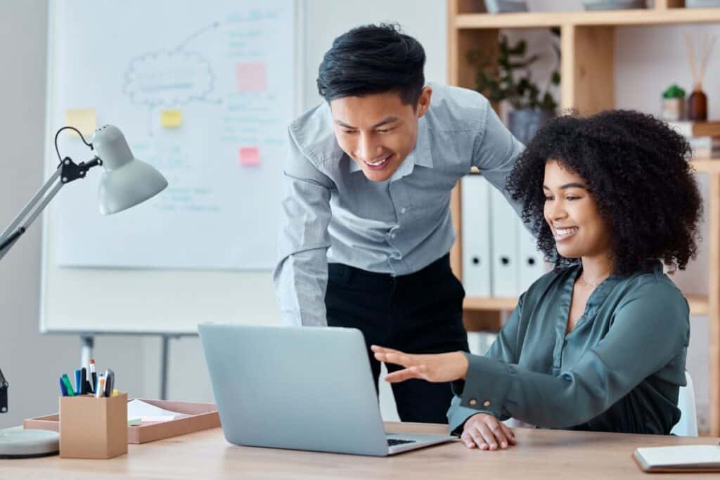 Business people laptop and digital marketing collaboration