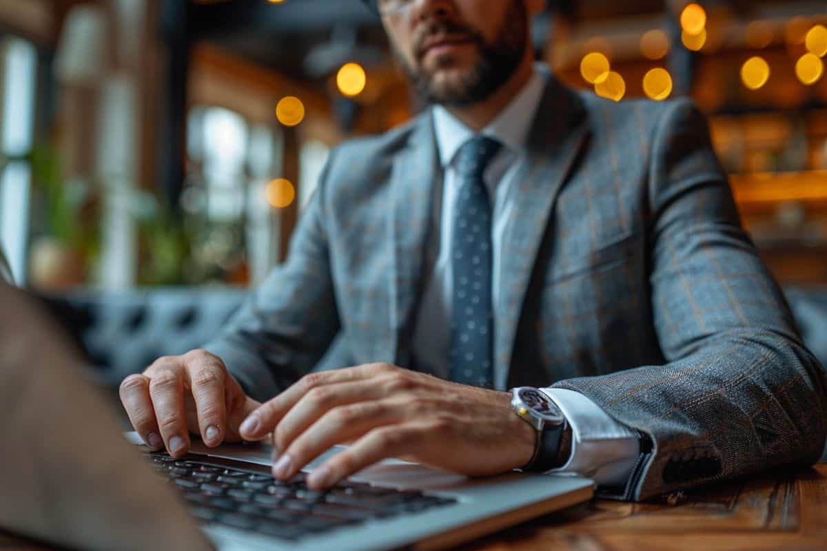 A man is typing on his laptop in a bar