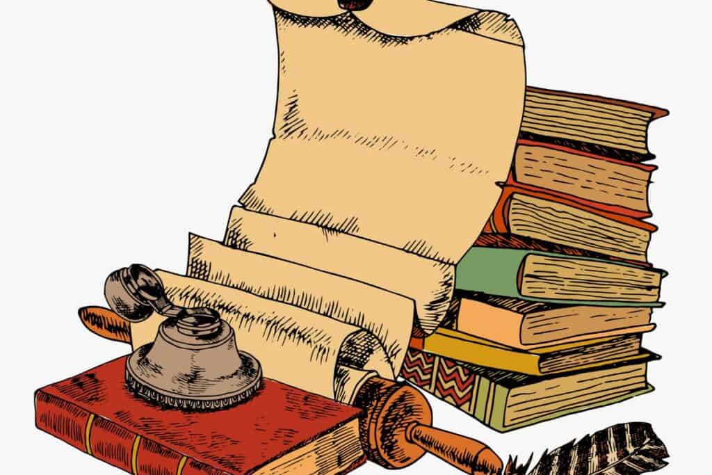 Vintage books with paper scroll feather and ink pot colored sketch decorative concept