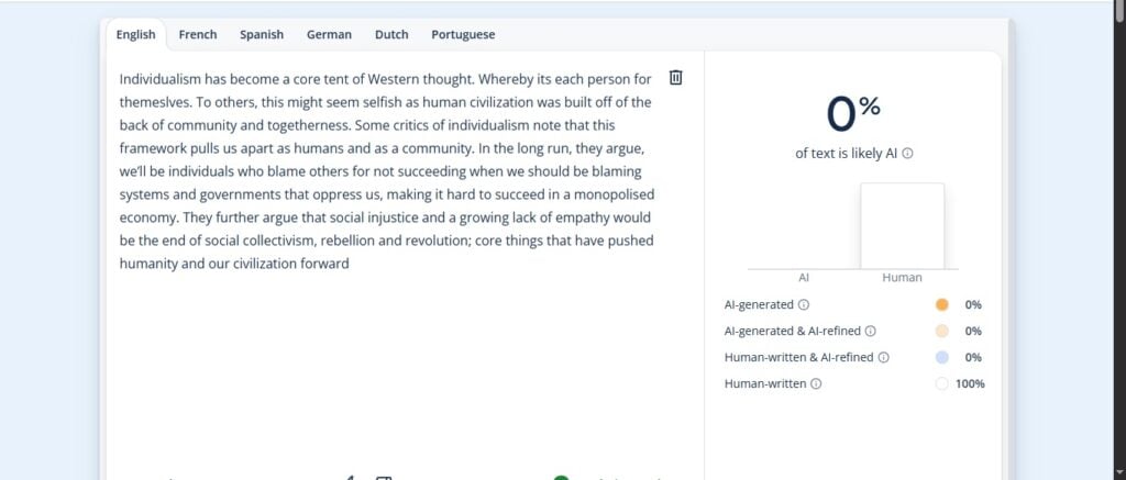 Screenshot of Scribbr showing AI detection results for submitted text