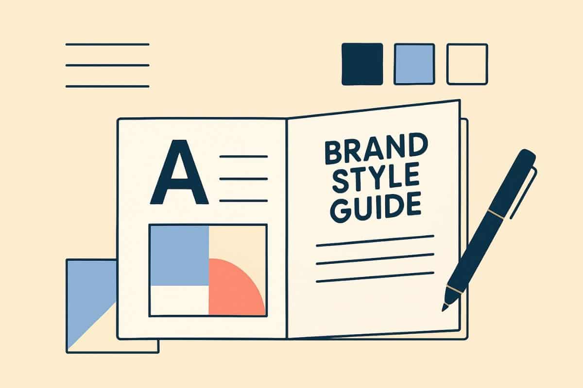 AI-generiertes Bild eines Marken-Styleguides mit Typografie, Farbpalette und Logomustern