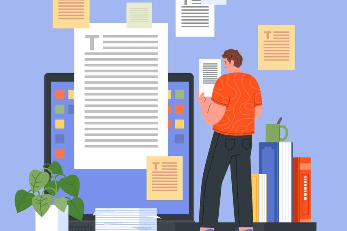 Illustrated image of a man standing next to a large monitor displaying multiple documents