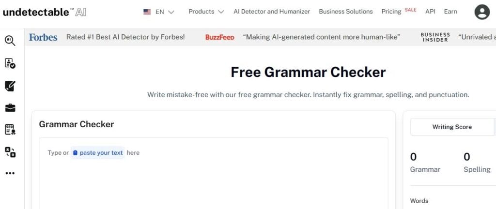 Undetectable AI free grammar checker screenshot
