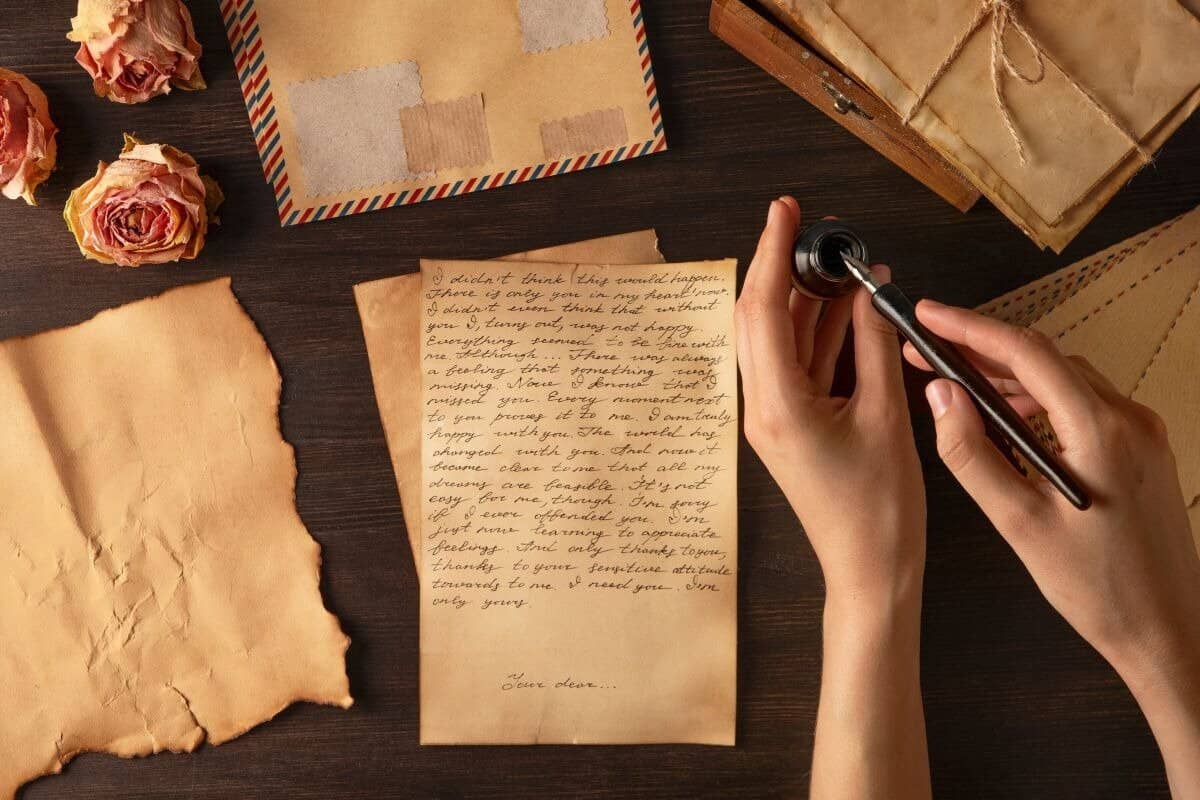 Vista superior mano escribiendo carta de amor