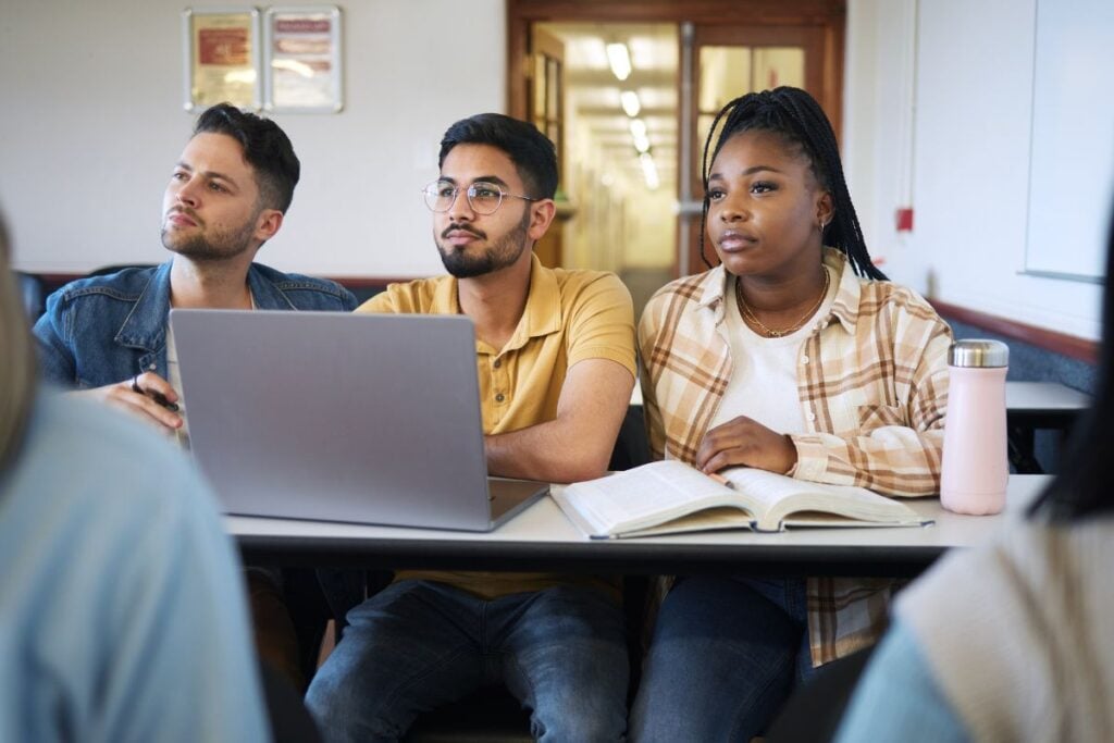 
Students diversity or laptop in school classroom lecture or lesson