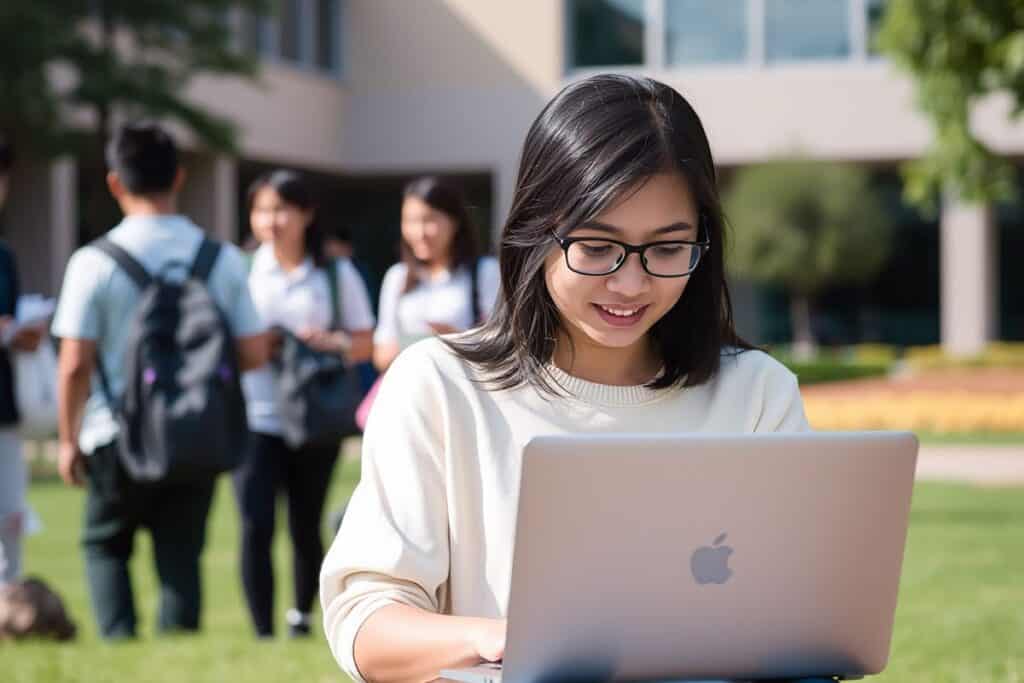 Asian college student in focus working on laptop
