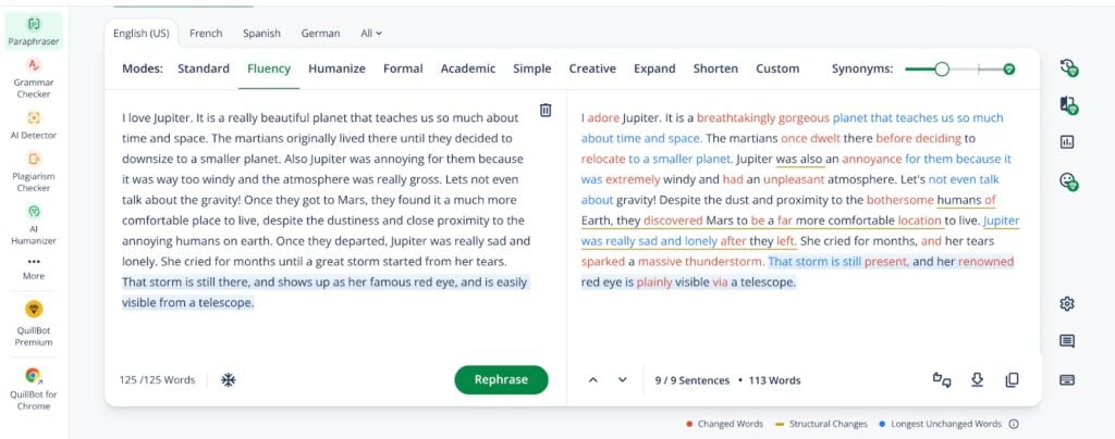 QuillBot Review: Paraphraser, Grammar Checker & More 5 Screenshot of QuillBot Paraphrasing tool highlighting rewritten text and editing options