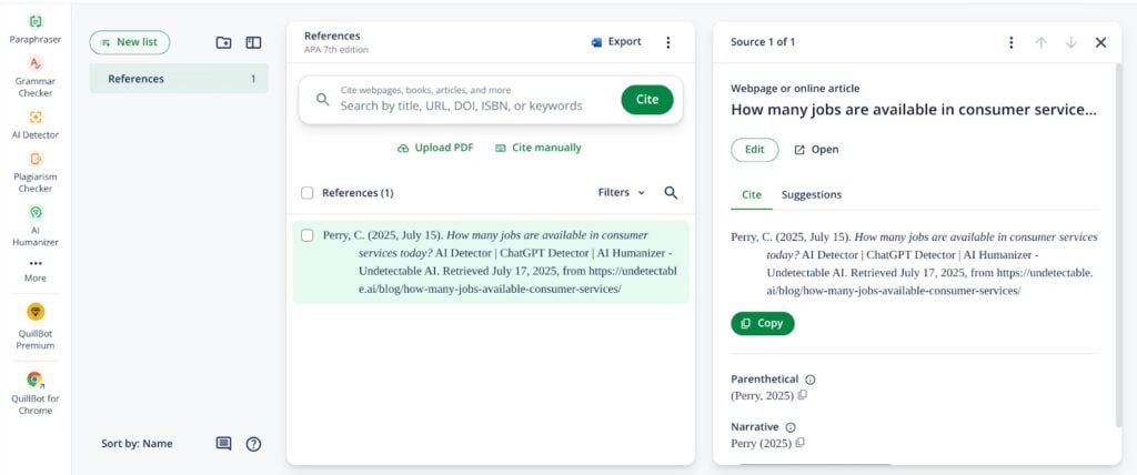 QuillBot Review: Paraphraser, Grammar Checker & More 12 Screenshot of QuillBot Citation Generator Review