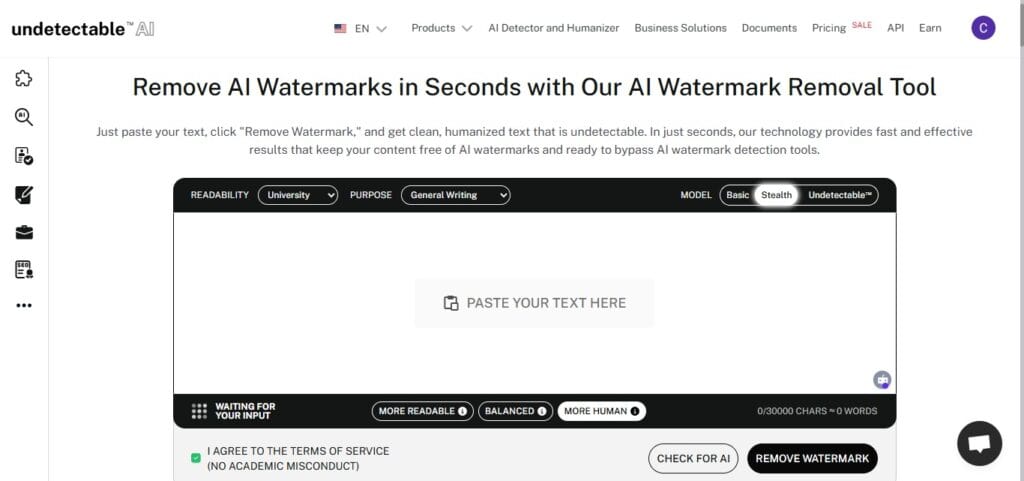 Undetectable AI's AI Text Watermark Remover tool screenshot