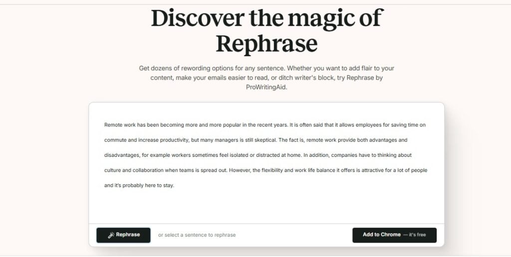 Screenshot of the ProWritingAid Rephrase