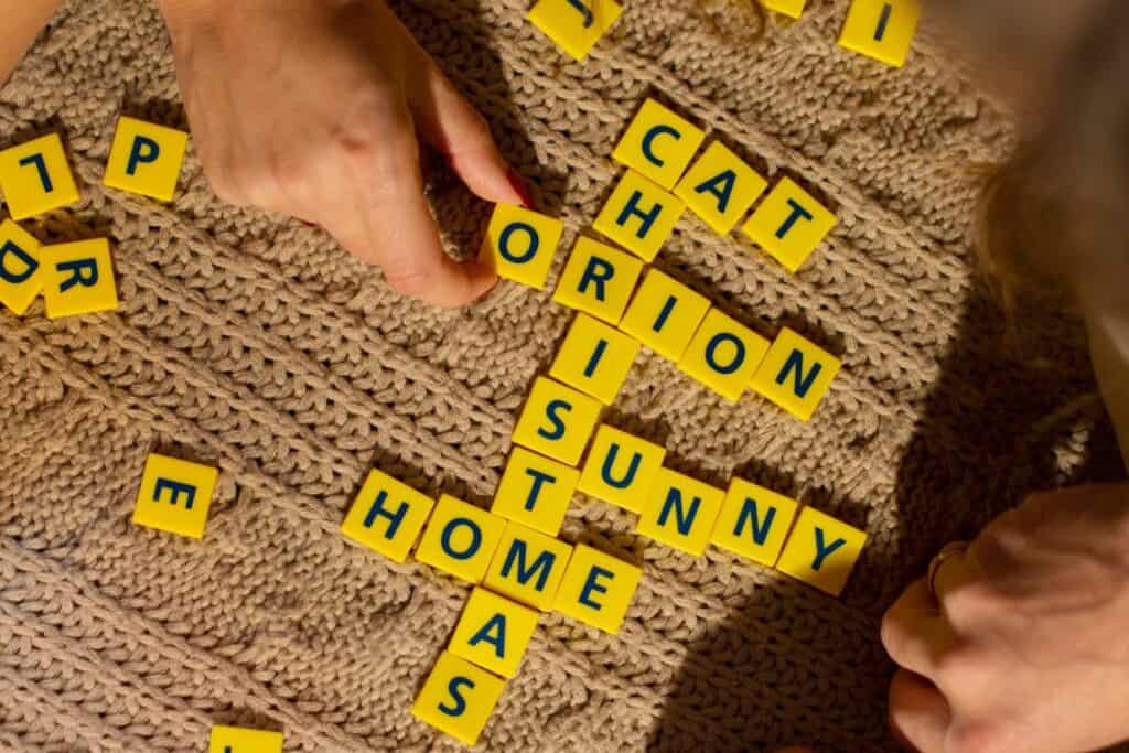 Family playing a word game on christmas
