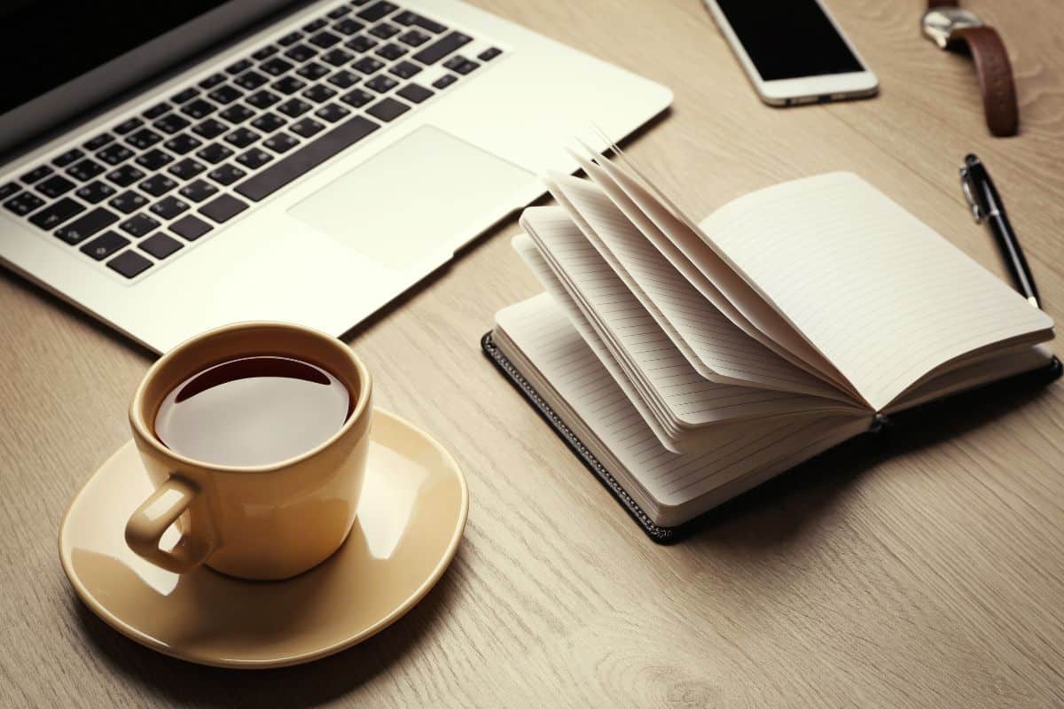Office set with laptop mobile phone notebook