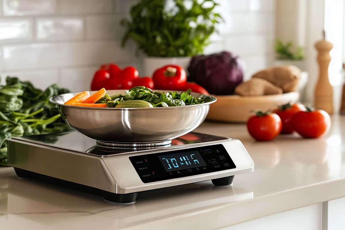 Kitchen scale with fresh vegetables 1