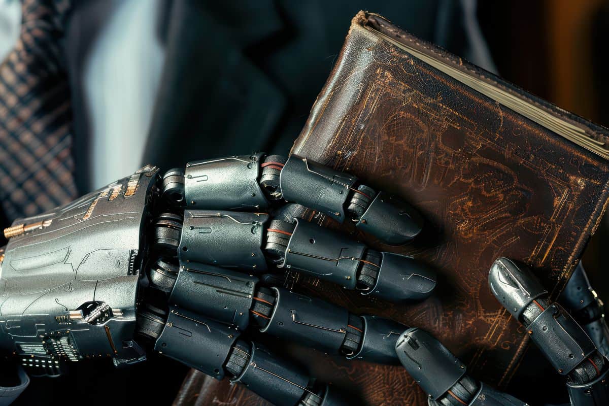 A closeup image of a robotic hand smartly dressed in a tailored suit and tie